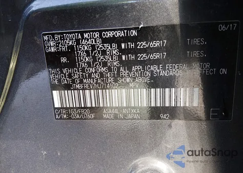 2017 Toyota Rav4 Le из США, поврежденный, VIN JTMBFREV7HJ714102